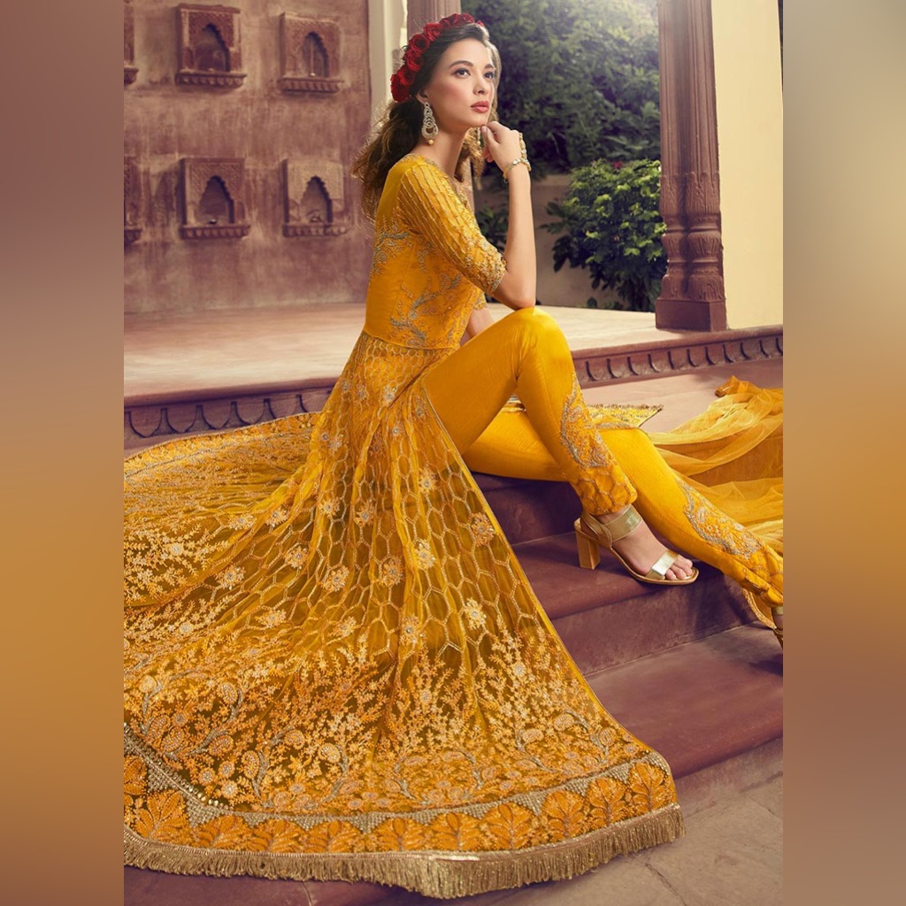 Yellow Net Embroidered Pant Style Anarkali Dress